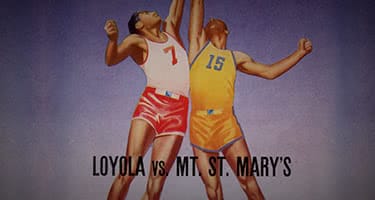 An old illustration of two basketball players jumping for the ball - with Loyola vs Mt St. Mary's written underneath